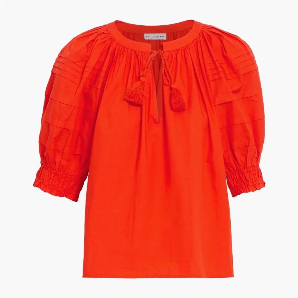 ULLA JOHNSON Arin tasseled pintucked cotton-poplin top with statement sleeves
